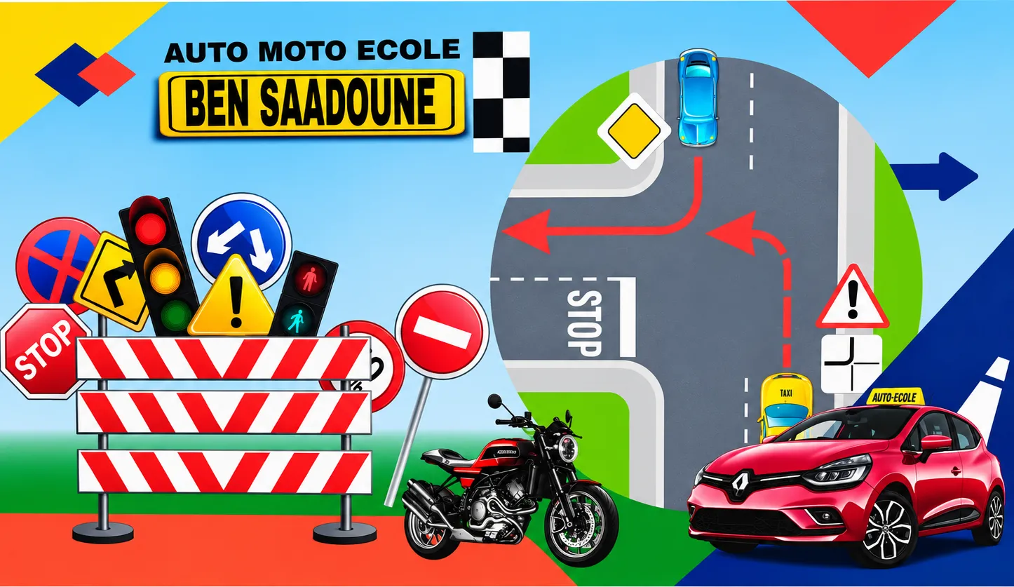 Bannière Auto Moto École Ben Saadoune : voiture-école, moto, carrefour et panneaux