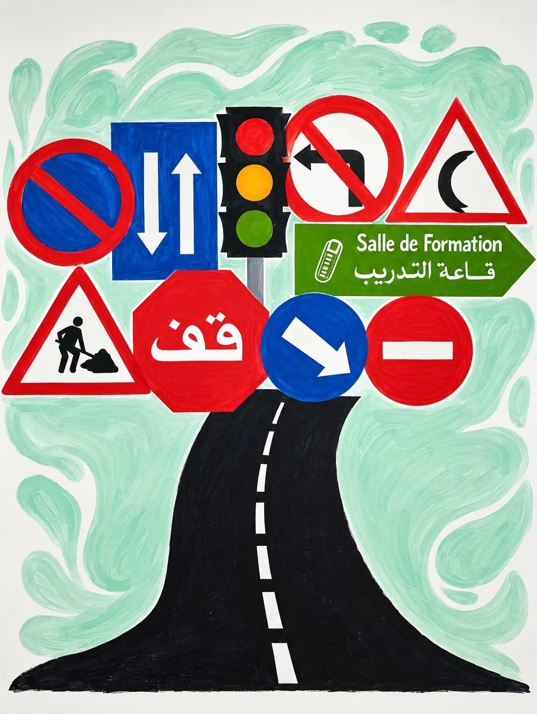 جدارية قاعة التدريب: علامات المرور وطريق مرسومة